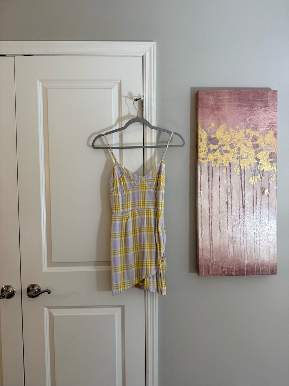 RVCA Yellow and Light Purple Plaid Smocked Cami Dress